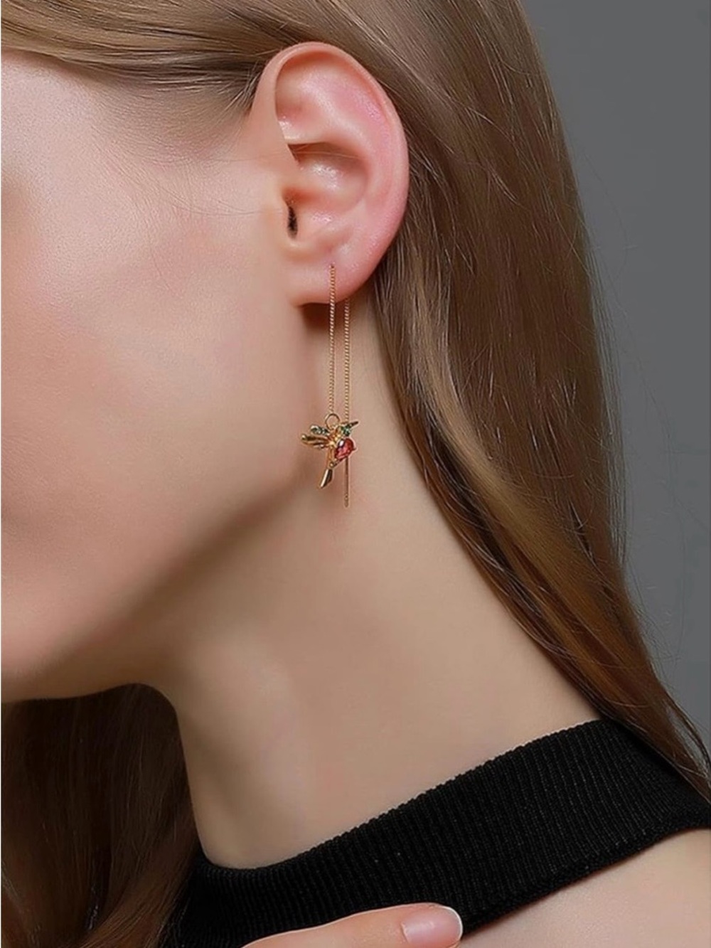 Gold Color Threader Hummingbird Drop Earrings - NWT